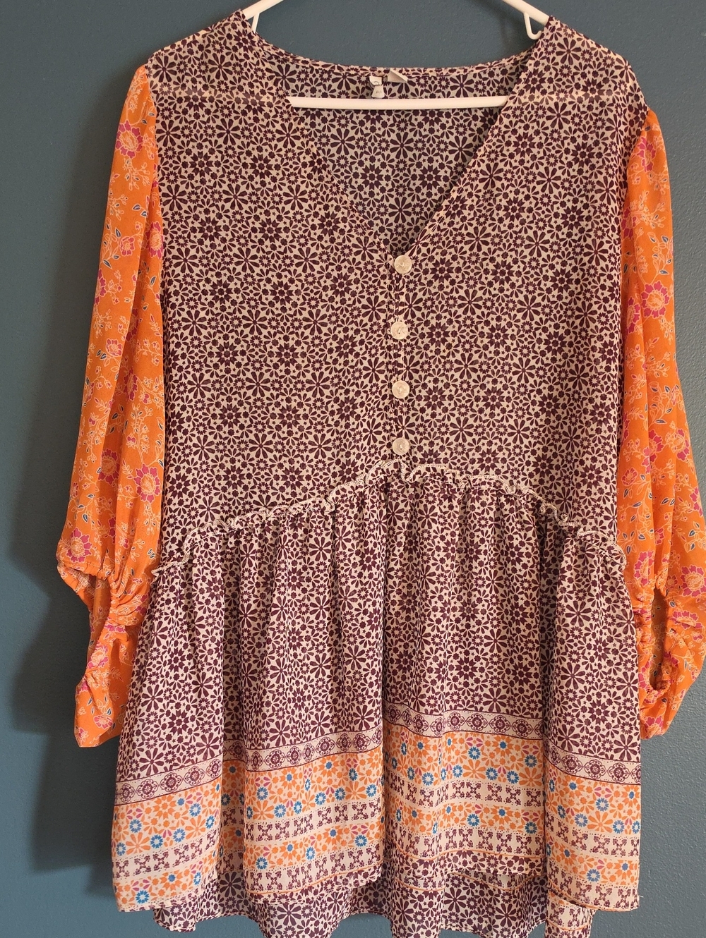 Cato Mixed Floral Peplum Sheet Tunic - Orange & Plum